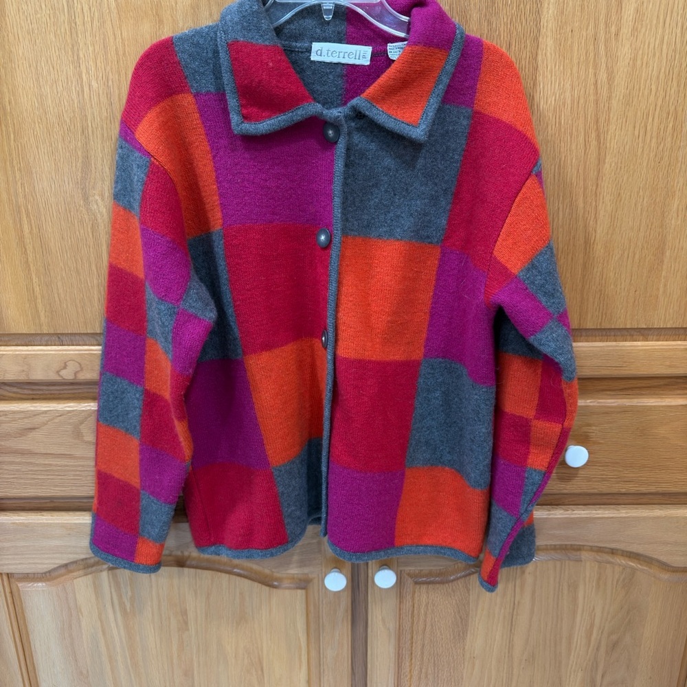 Vintage D. Terrell 100% Wool Colorful Plaid‎ Sweater Jacket
